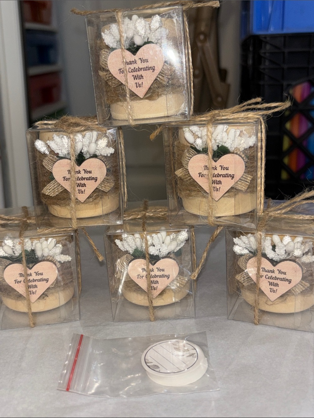 White Floral Rustic Tea Candle  Party Favor with Heart Tag -